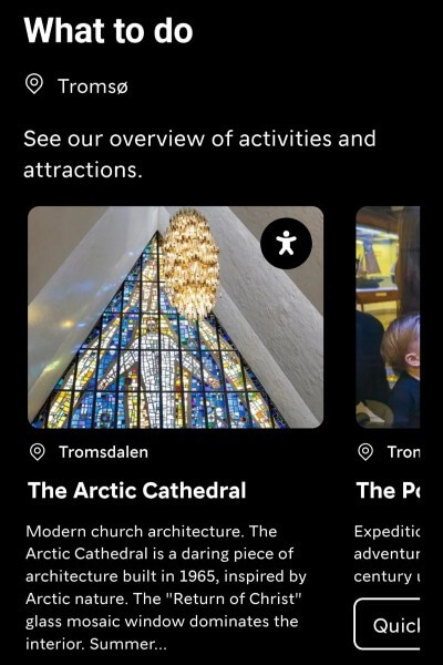 Norway Lightsアプリ画面、観光案内(トロムソ)
