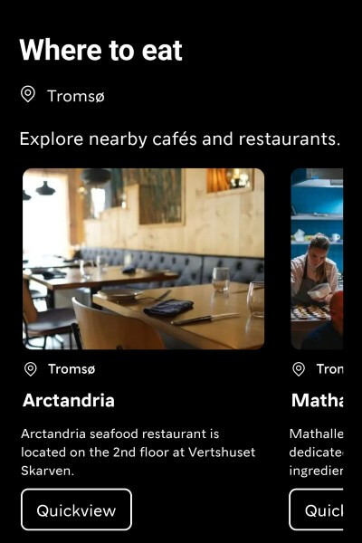 Norway Lightsアプリ画面、レストラン案内(トロムソ)