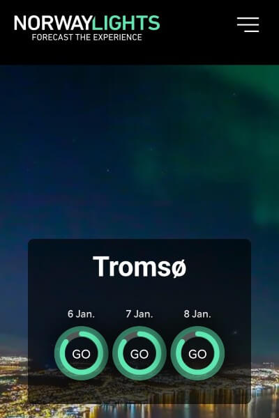 Norway Lightsアプリ画面、オーロラ予報3日間(トロムソ)