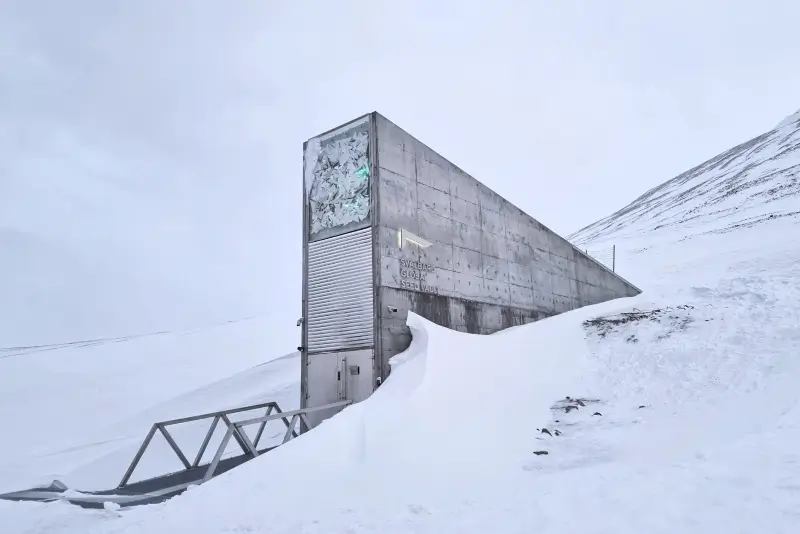雪に覆われた山の斜面に建つスヴァールバル世界種子貯蔵庫の入口