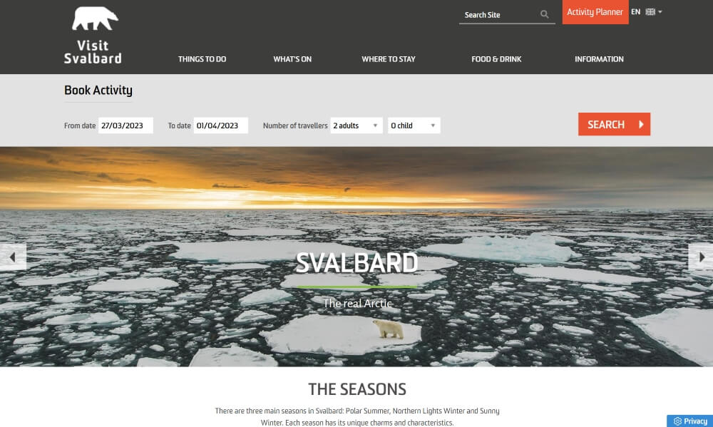 Visit Svalbard ウェブサイトのホーム画面