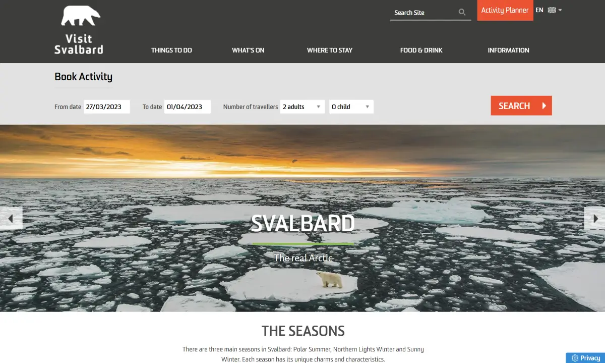Visit Svalbard 公式サイトのホーム画面