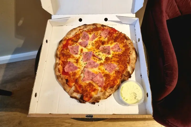 ホテルの客室で食べた、持ち帰りのハムとチーズのピザ